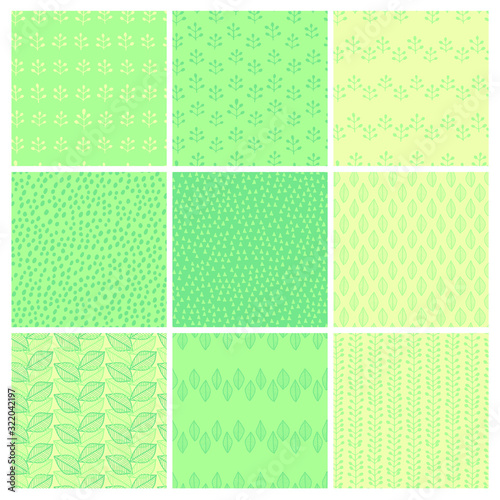 Vector seamless surface pattern pack. Many leaves, branches, herbs, dots, triangles. Floral spring design for printing on paper, fabric, cards. Natural background for social media blog post, banners