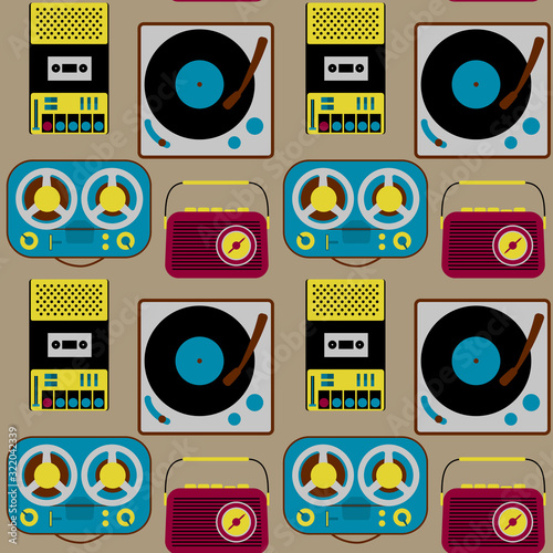 Vintage electronics seamless pattern. Retro background radio, type recorder and vynil record player in style of 60s and 70s