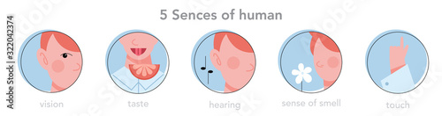 Five types of human sense infographics. Vision through eye,