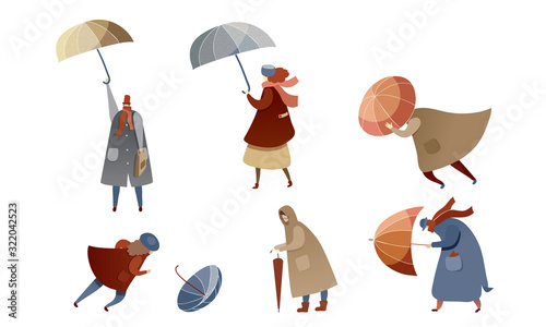 People Characters Walking in Windy Rainy Day with Umbrellas and Trying to Fight with Strong Wind Vector Illustrations Set