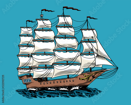 Sailboat in the sea, summer adventure, active vacation. Seagoing vessel, marine ship or nautical caravel on blue background. Water transport in the ocean. Engraved hand drawn in vintage style.