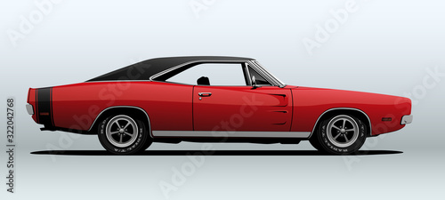 Red, classic muscle car in vector.