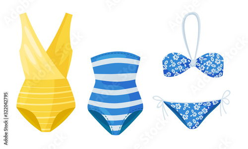 Female Colorful Swimsuits Isolated on White Background Vector Set. Fashion Tankini and Monokini Collection
