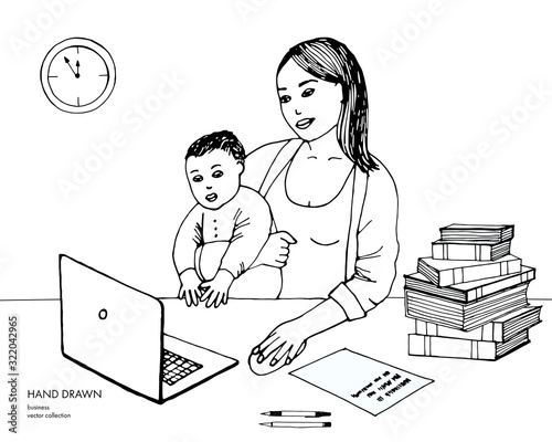 Hand drawn sketch of young mom working on laptop holding her baby boy. Computer, pc, books, clock. White background