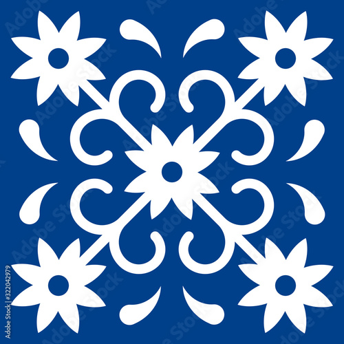 Mexican talavera tile pattern. Ornament in traditional style from Puebla in classic blue and white. Floral ceramic composition with flower, dot and leaves. Folk art design from Mexico.