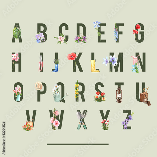 Flower garden alphabet design with climbing rose, columbine watercolor illustration.