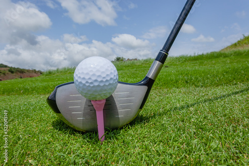 Golf Ball Driver Club Peg Equipment Grass Closeup Blue Sky