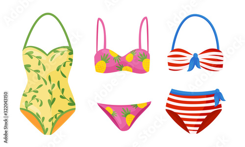 Female Colorful Swimsuits Isolated on White Background Vector Set. Fashion Tankini and Monokini Collection