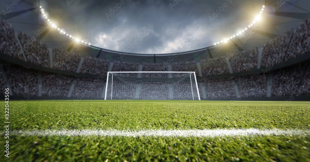Fototapeta Stadium and goalpost, an imaginery stadium is modelled and rendered.