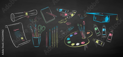 Chalked illustration set of art students supplies