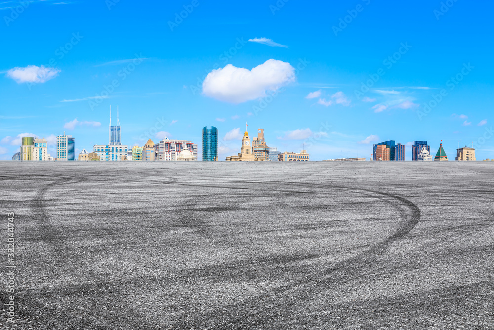 High angle Shanghai city skyline and empty asphalt road High angle Shanghai city skyline and empty asphalt road