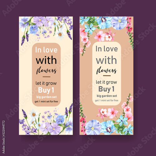 Flower garden flyer design with Morning glory, Blue bell watercolor illustration.