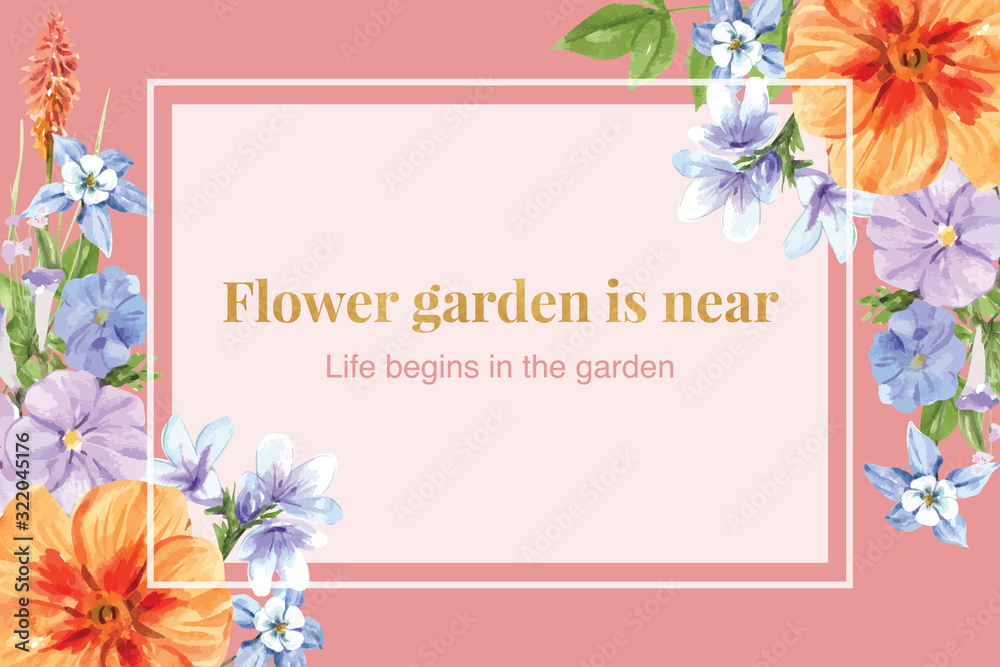 Flower garden frame design with kniphofia, columbine flower watercolor illustration.