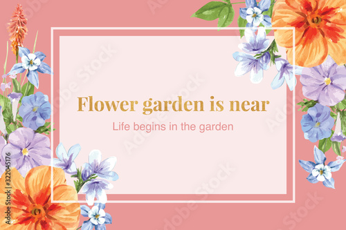 Flower garden frame design with kniphofia, columbine flower watercolor illustration.