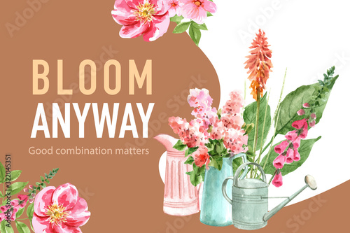 Flower garden frame design with kniphofia, lilac, watering pot watercolor illustration.