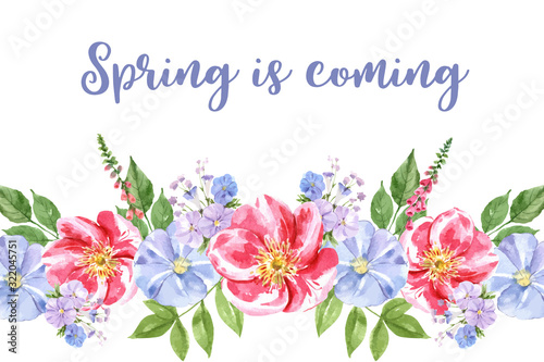 Flower garden frame design with various flowers watercolor illustration.