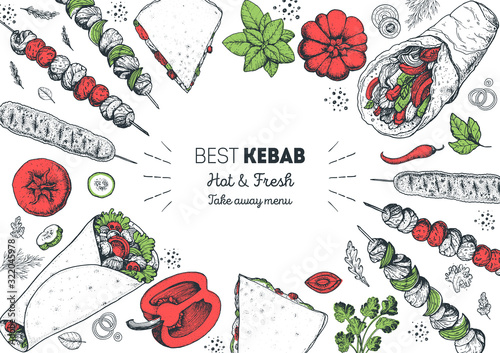 Doner kebab and ingredients for kebab, sketch illustration. Arabic cuisine frame. Fast food menu design elements. Shawarma hand drawn frame. Middle eastern food.