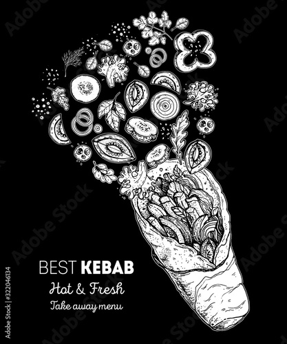 Doner kebab and ingredients for kebab, sketch illustration. Flying salad concept. Arabic cuisine frame. Fast food menu design elements. Shawarma hand drawn. Middle eastern food.