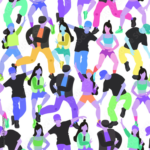 Vector seamless pattern with dancing hip-hop girls and panels in bright neon modern colors on a white isolated background.