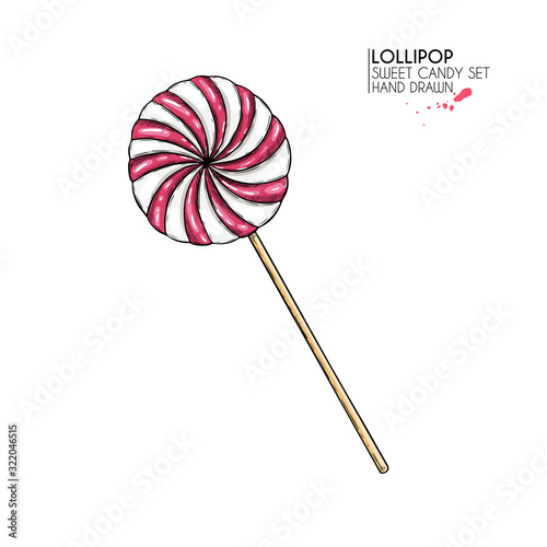 Hand drawn set of sweet candies. Twisted caramel lollipops. Vector food icons. Use for restaurant, menu, party decorating, flyer, banner. Sugar Halloween, Christmas dessert.