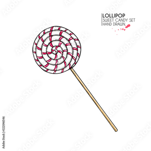 Hand drawn set of sweet candies. Twisted caramel lollipops. Vector food icons. Use for restaurant, menu, party decorating, flyer, banner. Sugar Halloween, Christmas dessert.