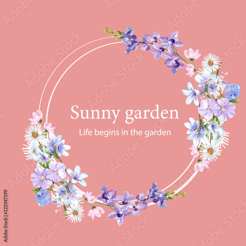 Flower garden wreath design with daisy, vinca, orchid, dianthus watercolor illustration.