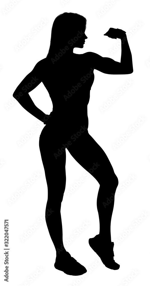 Black silhouette of woman demonstrated her muscular body. - obrazy, fototapety, plakaty 
