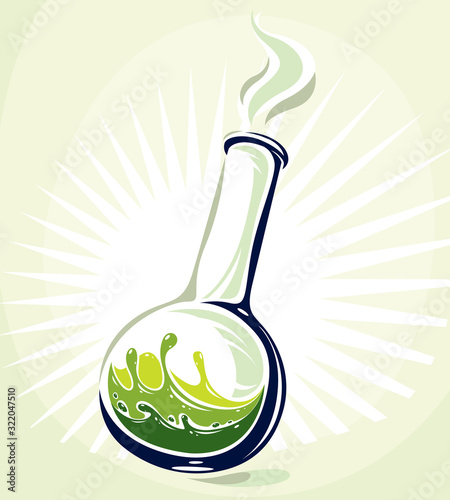 Chemical glass flask with reaction vector illustration isolated on white, chemistry science object.