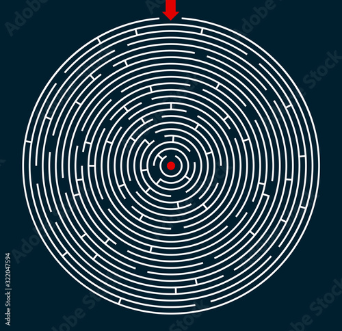 Radial labyrinth maze vector design, children game to play, find way out.