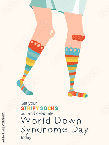 World Down syndrome day, March 21. Colorful vector concept with cute socks and label Get your stripy socks out and celebrate