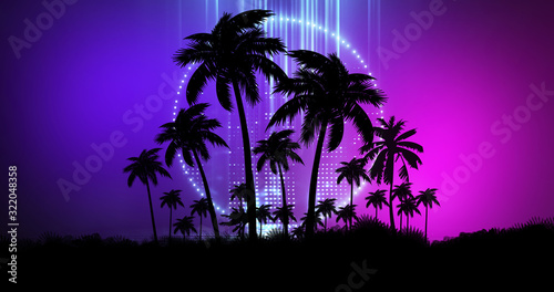 Fototapeta Naklejka Na Ścianę i Meble -  Space futuristic landscape. Neon palm tree, tropical leaves.