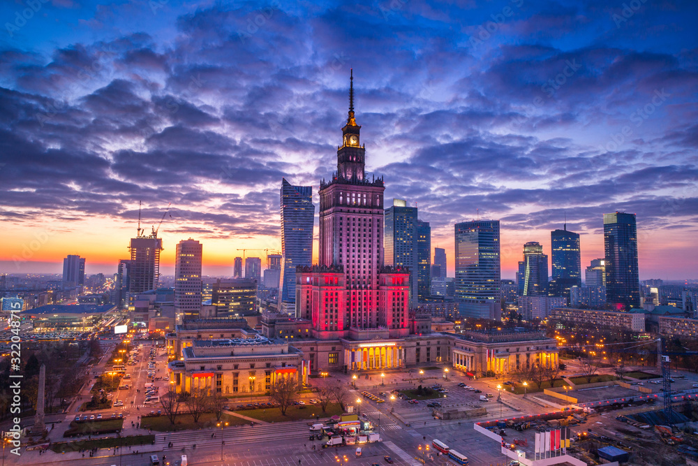 view of the palace of culture in the Polish capital Warsaw - obrazy, fototapety, plakaty 