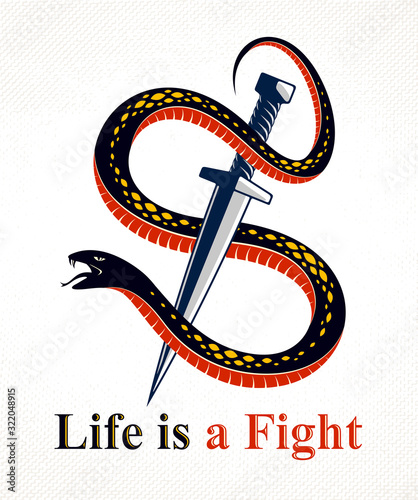 Dagger kills a Snake, defeated Serpent wraps around a sword vector vintage tattoo, Life is a Fight concept, life is no bed of roses, allegorical logo or emblem of ancient symbol.