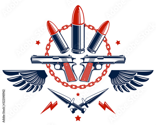 Revolution and War vector emblem with bullets and guns, logo or tattoo with lots of different design elements, riot partisan warrior, criminal and anarchist style, social tension theme.