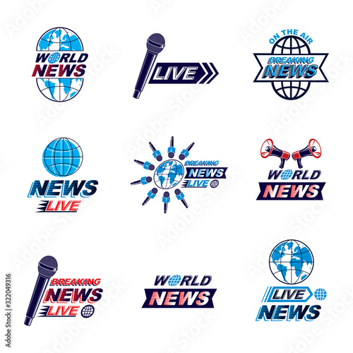 Set of journalism conceptual logo, emblems and leaflets. Earth planet, microphones and loudspeakers equipment vector illustrations composed with news inscription.