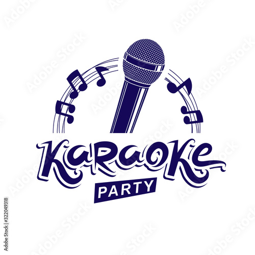 Karaoke party invitation poster, live music vector concert advertising leaflet composed using stage or recorder microphone and musical notes.