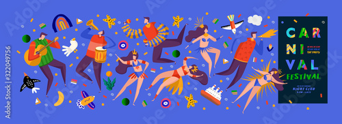 Brazilian carnival and festival! Vector abstract holiday illustrations with people, dancers and musicians. Party drawing for poster, banner or background. Brazilian dance, music and rhythm