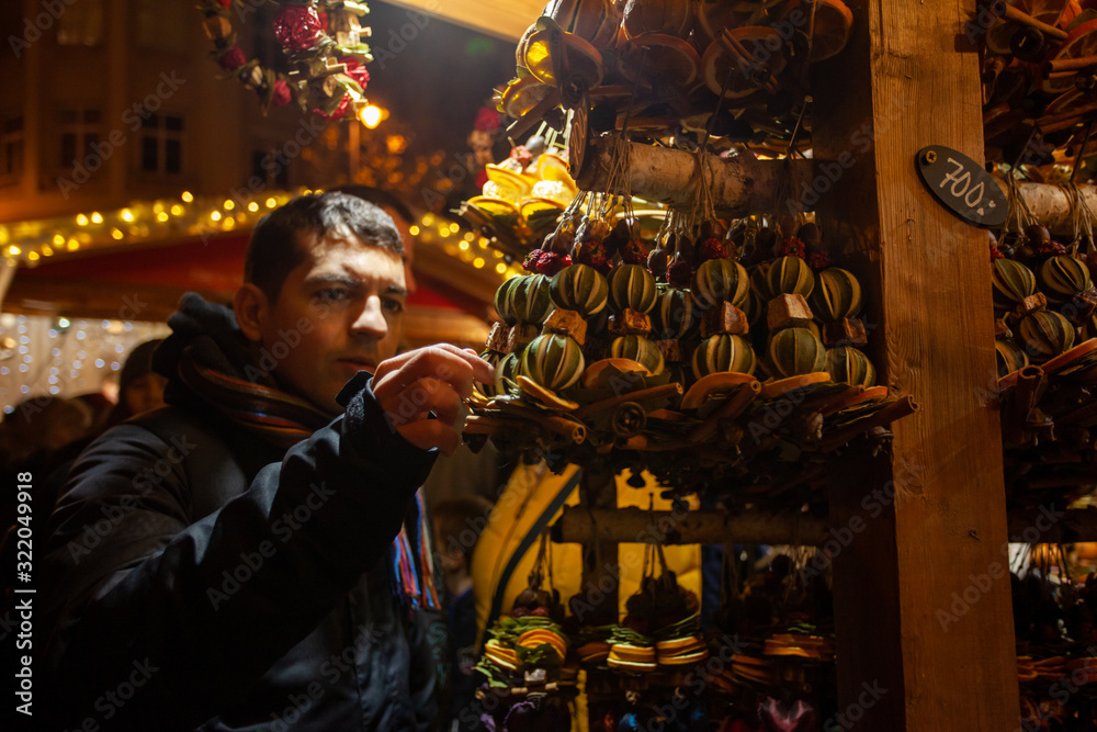 Christmas market in Europe. Christmas dry spicesa and fruit Christmas market in Europe. Christmas dry spicesa and fruit