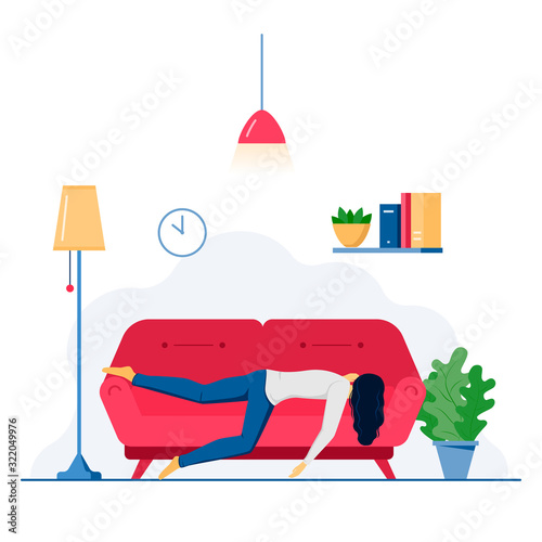 Vector concept of overworked woman slipping at home on red sofa