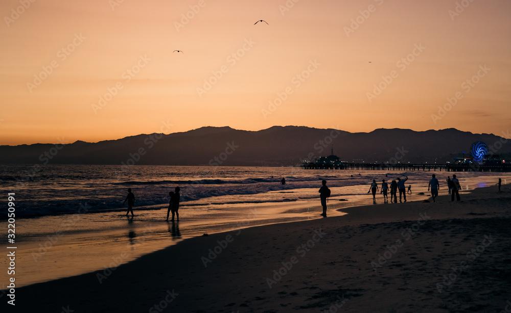 silhouettes of people on the beach at sunset