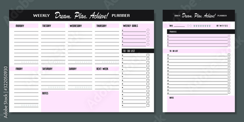 Set of planners. Daily and weekly planner template. Blank notebook page isolated on grey. Business organizer page. Paper sheet.