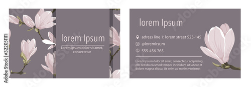 Vector business card template with magnolia flower on a violet background. 