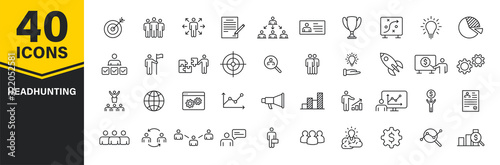 Set of 40 Headhunting web icons in line style. Skills, work, professional, employment, management, teamwork. Vector illustration.