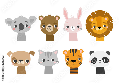 Cartoon cute animals faces for baby card, poster, nursery, apparel, invitation. Vector illustration. Koala, lion, dog, bunny, bear, panda, tiger, cat.