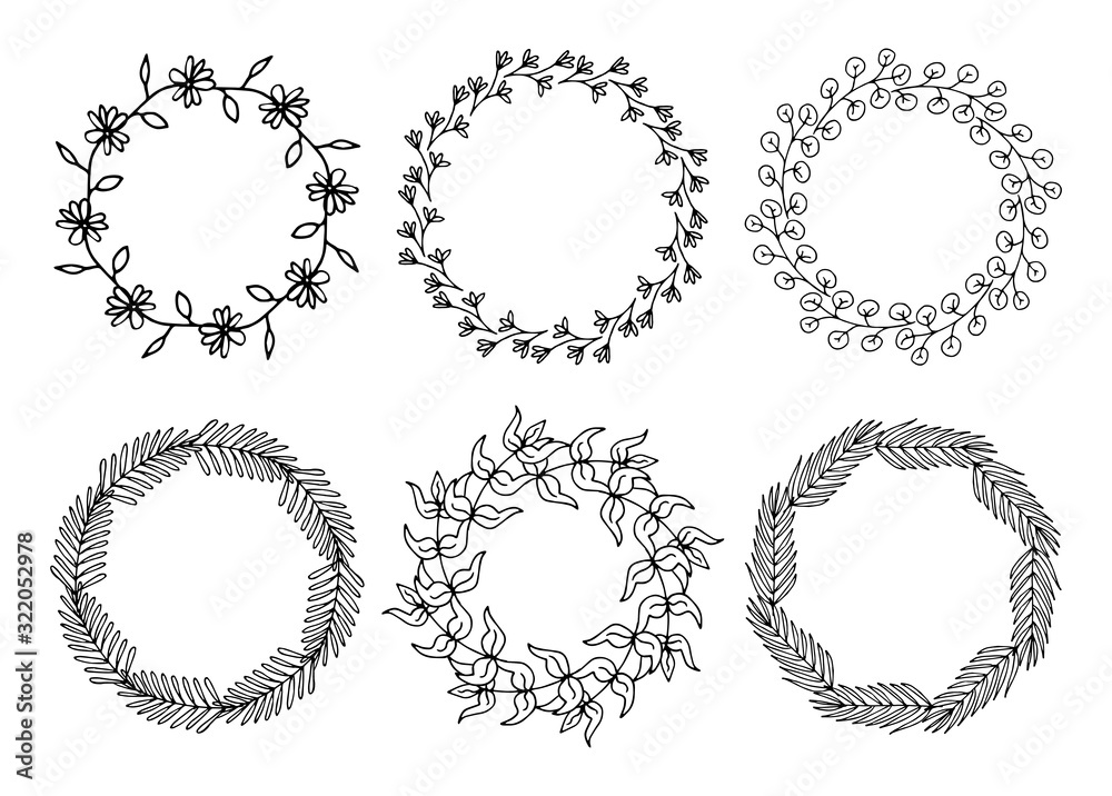 Set of six frames with black hand drawn wreath. Hand drawn simple line. Black stroke. Isolated on white background. Elegant and noble. Best for wedding design.