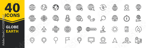 Set of 40 Globe and earth planet web icons in line style. Navigational Equipment, Planet Earth, Airplane, Map. Vector illustration.