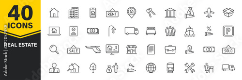 Set of 40 Real Estate web icons in line style. Rent, building, agent, house, auction, realtor. Vector illustration.