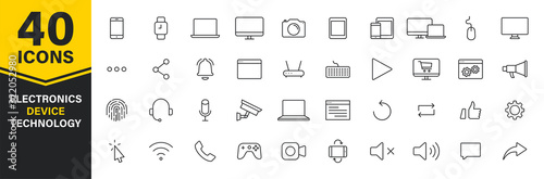 Set of 40 Technology and Electronics and Devices web icons in line style. Device, phone, laptop, communication, smartphone, ecommerce. Vector illustration.
