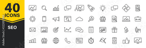 Set of 40 SEO and Development web icons in line style. Contact, Target, Website. Vector illustration.