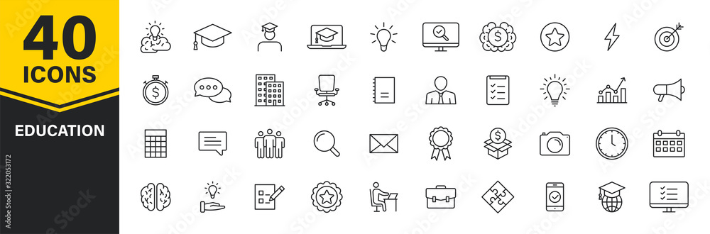 Set of 40 Education and Learning web icons in line style. School, university, textbook, learning. Vector illustration. Set of 40 Education and Learning web icons in line style. School, university, textbook, learning. Vector illustration.